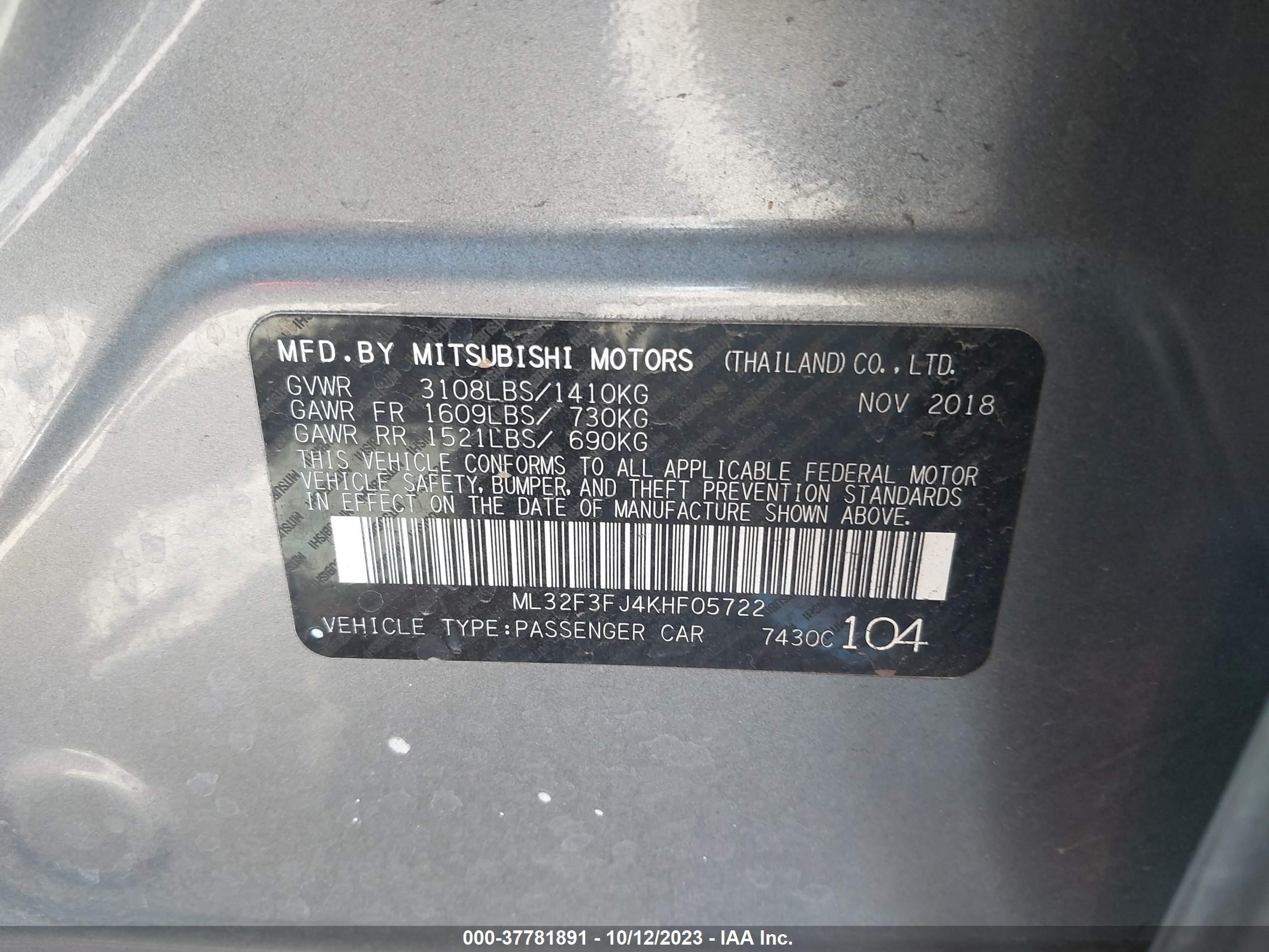 Photo 8 VIN: ML32F3FJ4KHF05722 - MITSUBISHI MIRAGE 