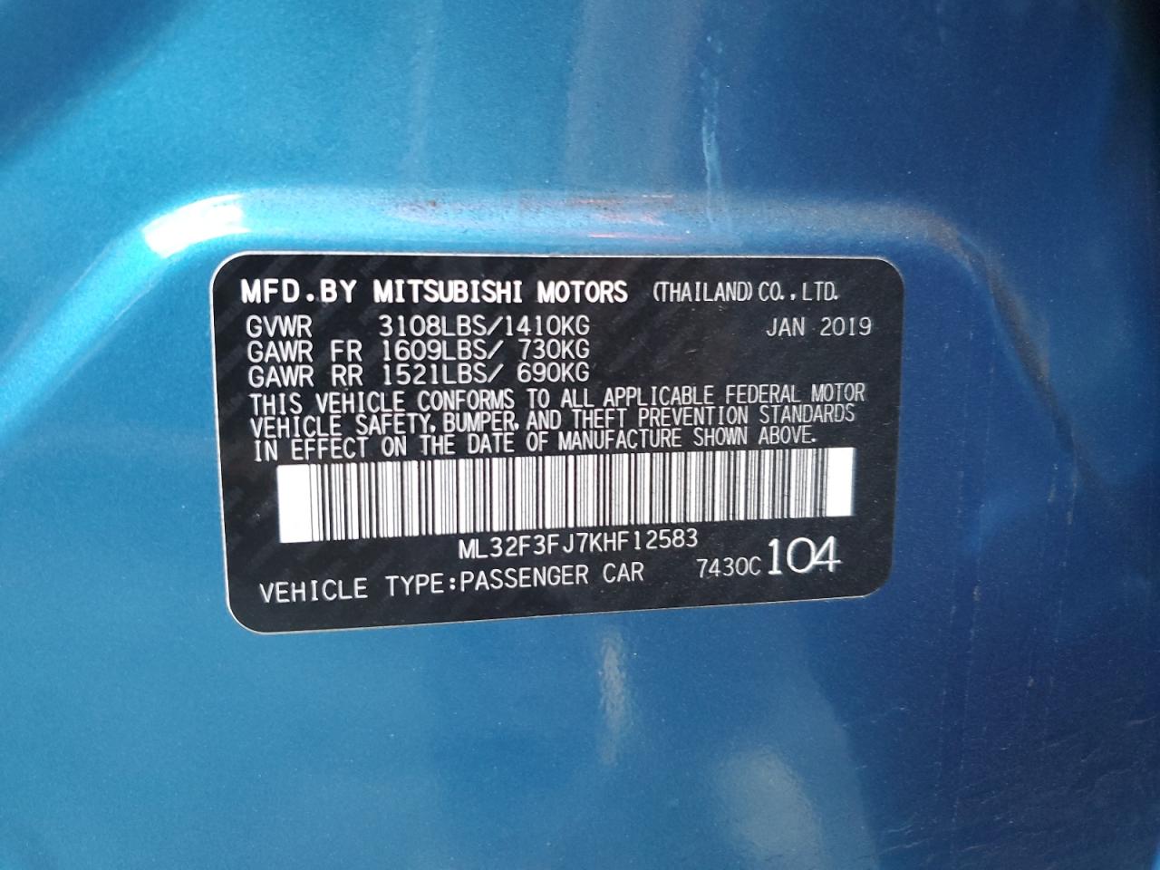 Photo 12 VIN: ML32F3FJ7KHF12583 - MITSUBISHI MIRAGE 