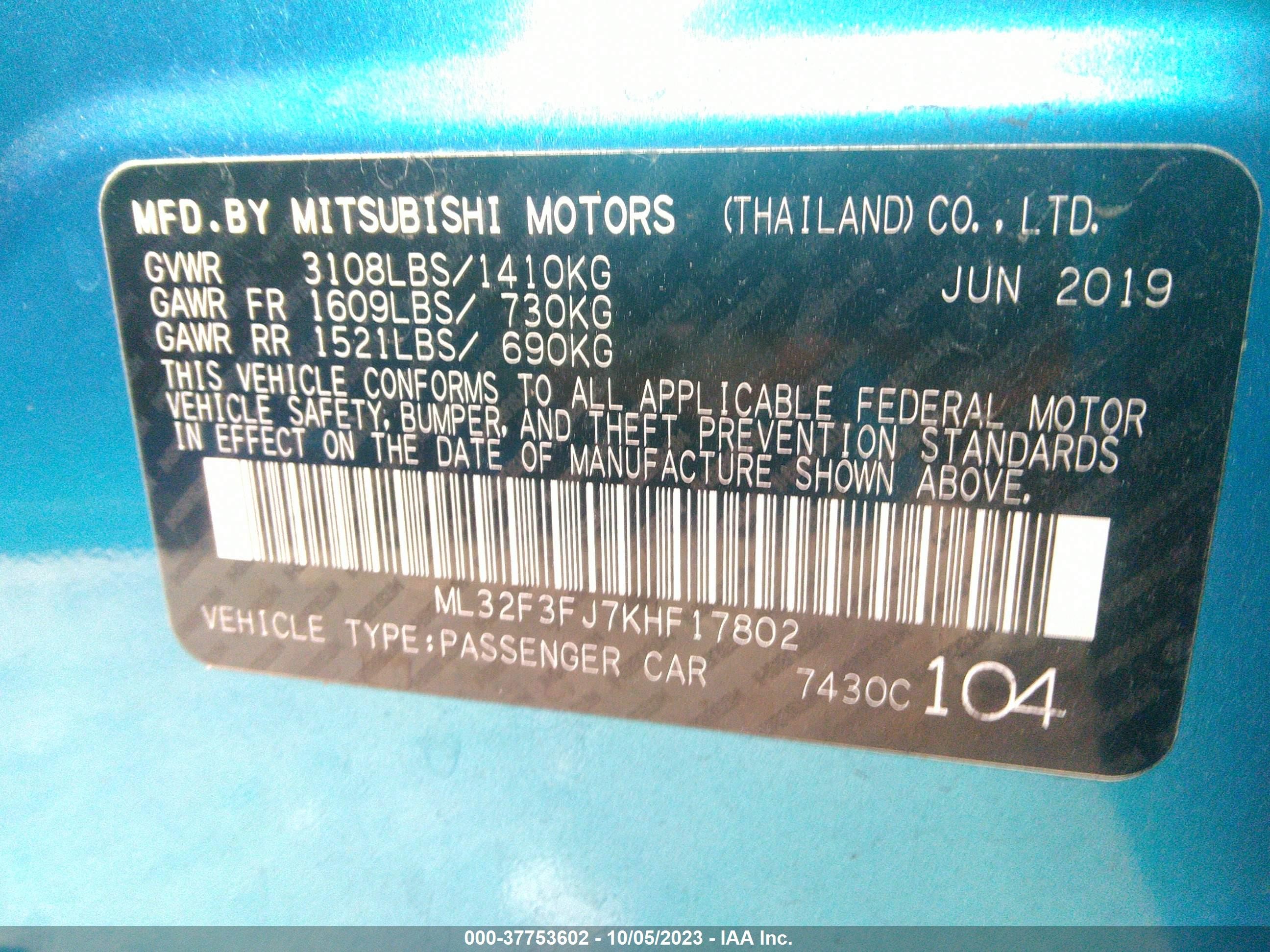 Photo 8 VIN: ML32F3FJ7KHF17802 - MITSUBISHI MIRAGE 