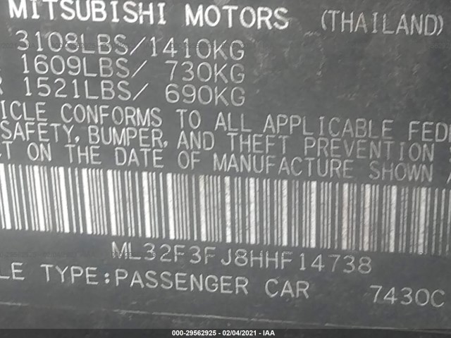 Photo 8 VIN: ML32F3FJ8HHF14738 - MITSUBISHI MIRAGE G4 