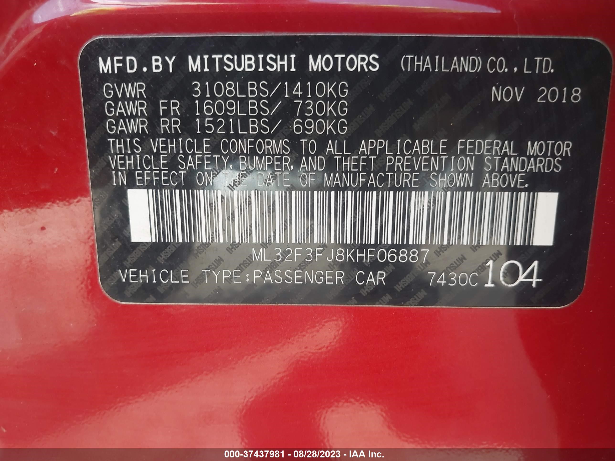 Photo 8 VIN: ML32F3FJ8KHF06887 - MITSUBISHI MIRAGE 