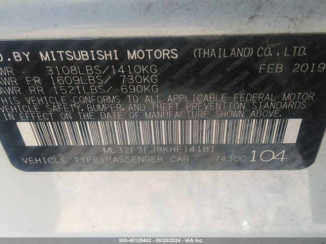 Photo 8 VIN: ML32F3FJ8KHF14181 - MITSUBISHI MIRAGE G4 