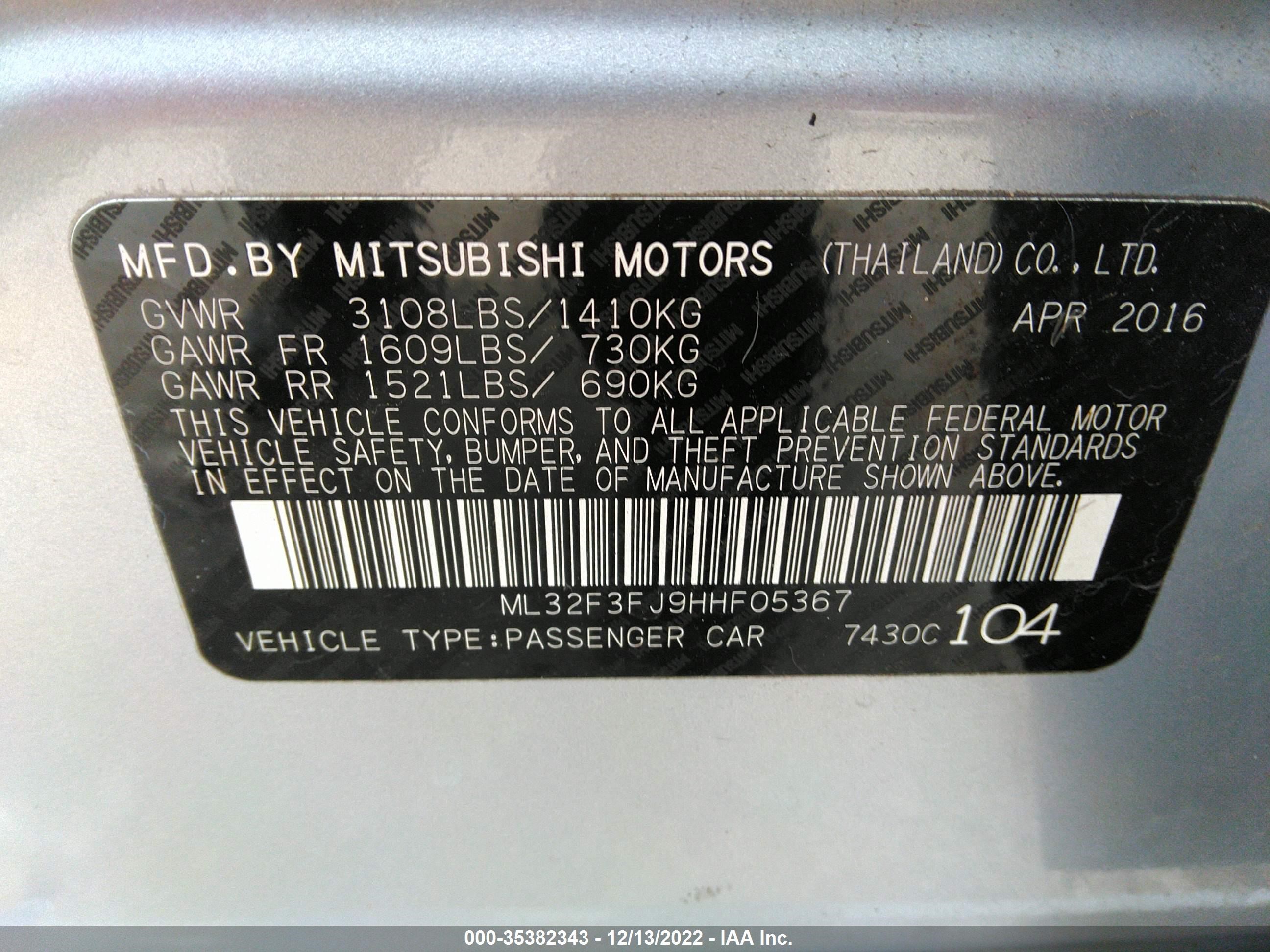 Photo 8 VIN: ML32F3FJ9HHF05367 - MITSUBISHI MIRAGE 