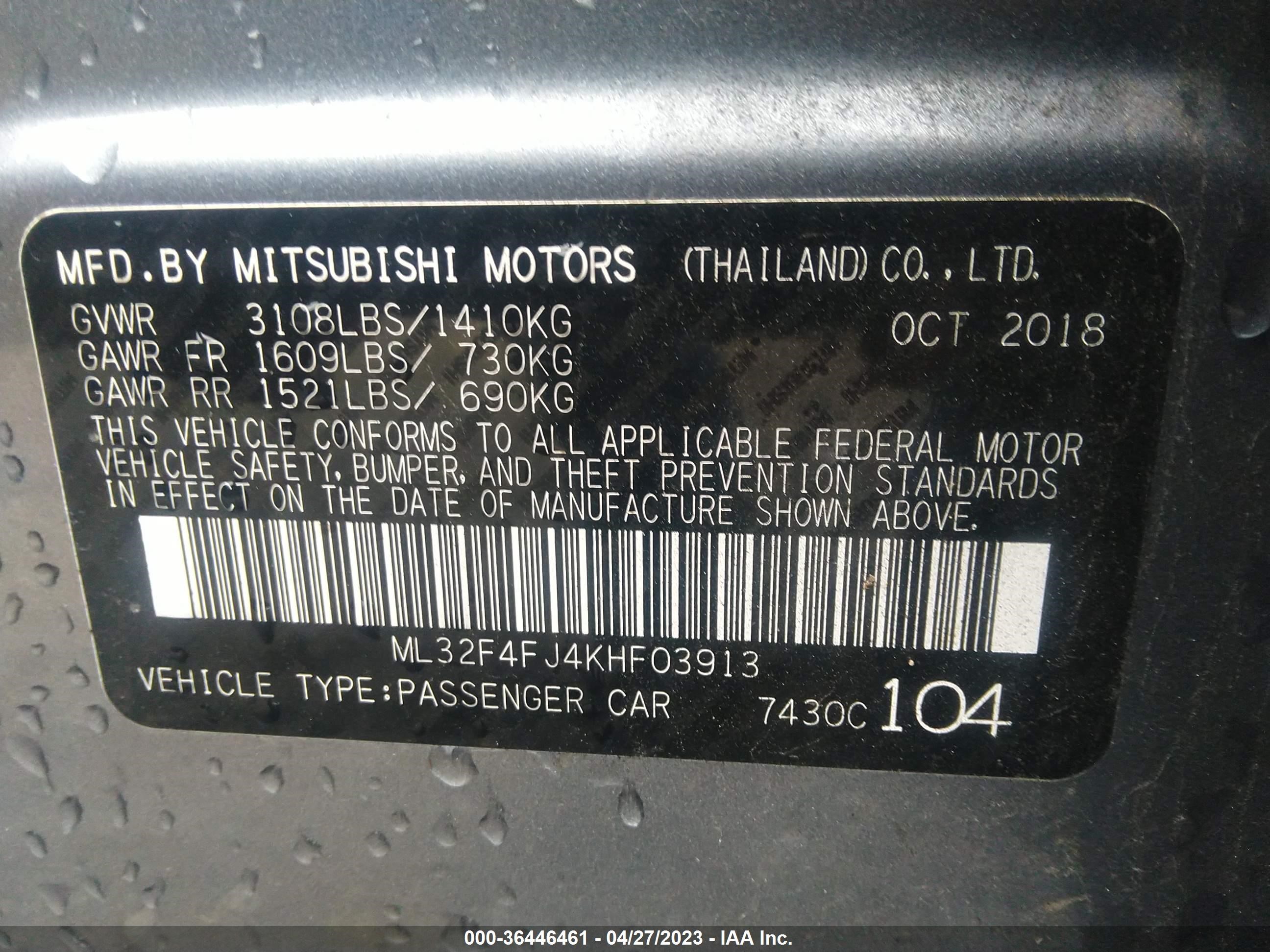 Photo 8 VIN: ML32F4FJ4KHF03913 - MITSUBISHI MIRAGE 