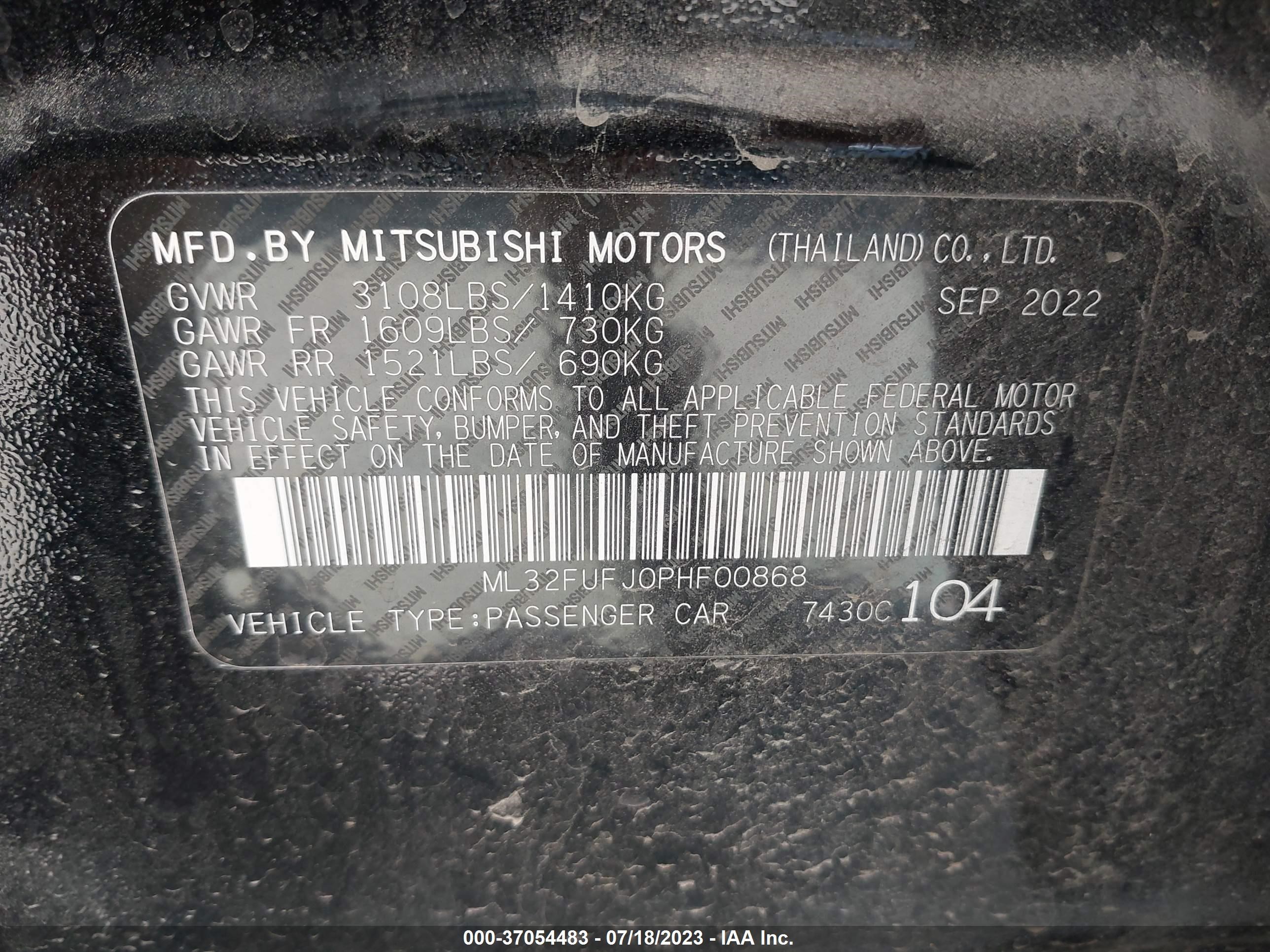 Photo 8 VIN: ML32FUFJ0PHF00868 - MITSUBISHI MIRAGE 