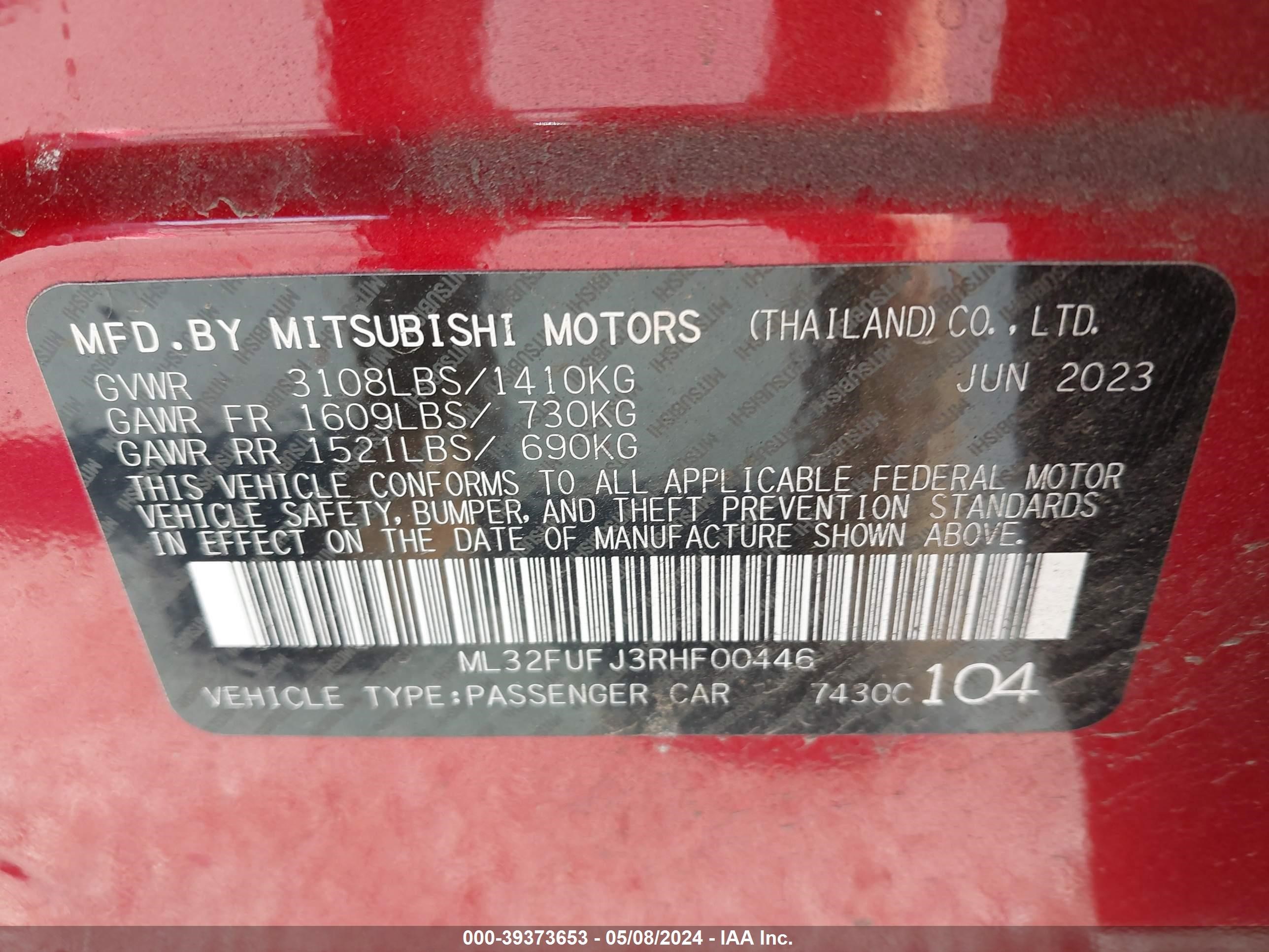 Photo 8 VIN: ML32FUFJ3RHF00446 - MITSUBISHI MIRAGE 