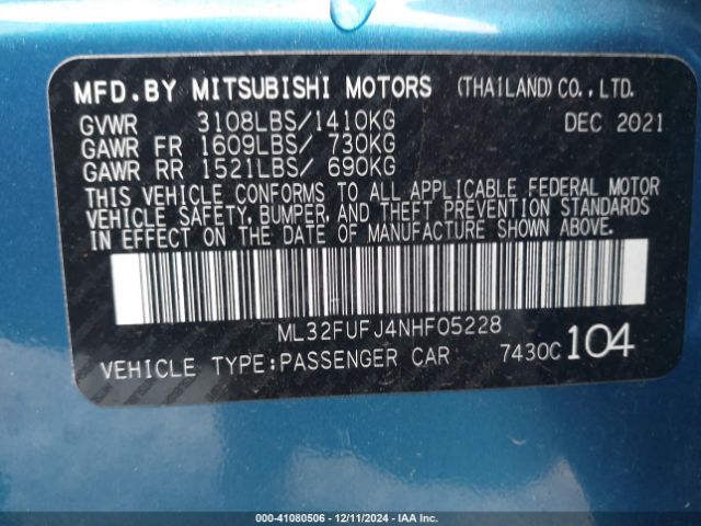 Photo 8 VIN: ML32FUFJ4NHF05228 - MITSUBISHI MIRAGE G4 