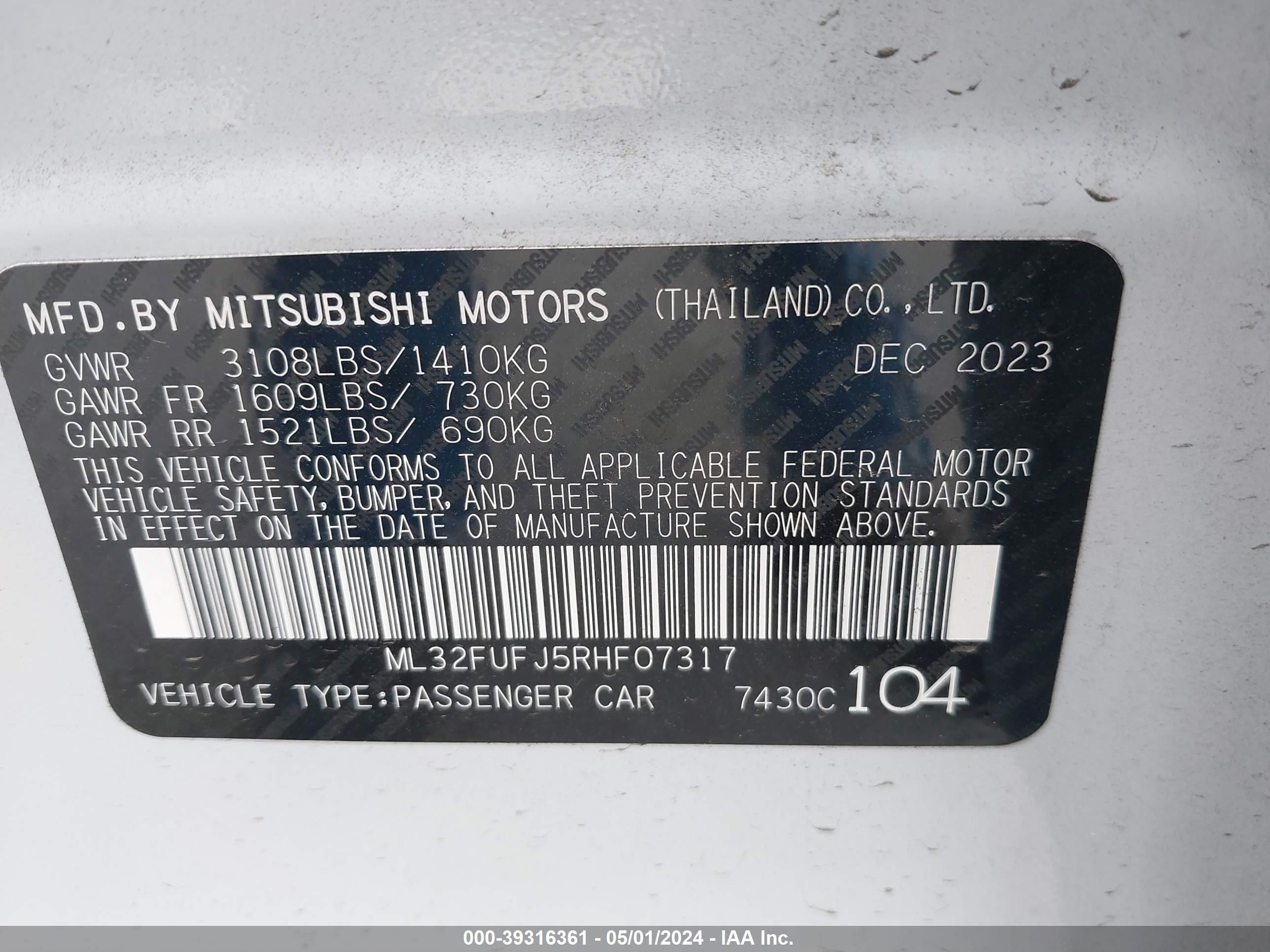 Photo 8 VIN: ML32FUFJ5RHF07317 - MITSUBISHI MIRAGE 