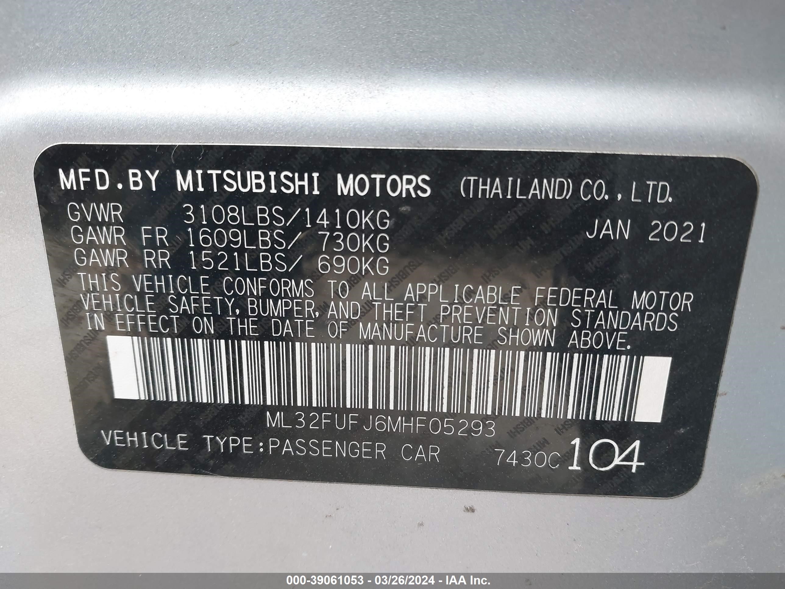 Photo 8 VIN: ML32FUFJ6MHF05293 - MITSUBISHI MIRAGE 