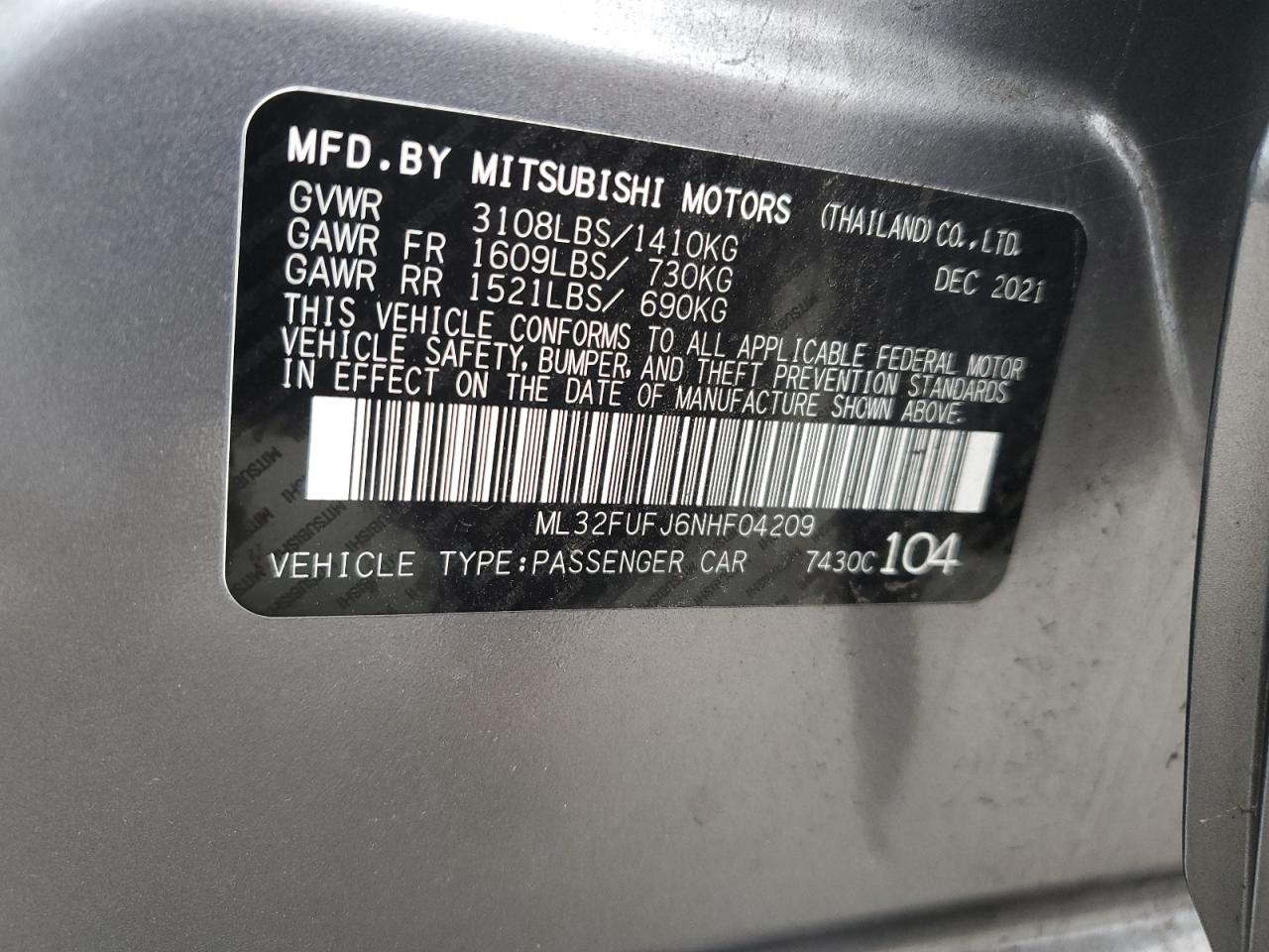 Photo 11 VIN: ML32FUFJ6NHF04209 - MITSUBISHI MIRAGE 