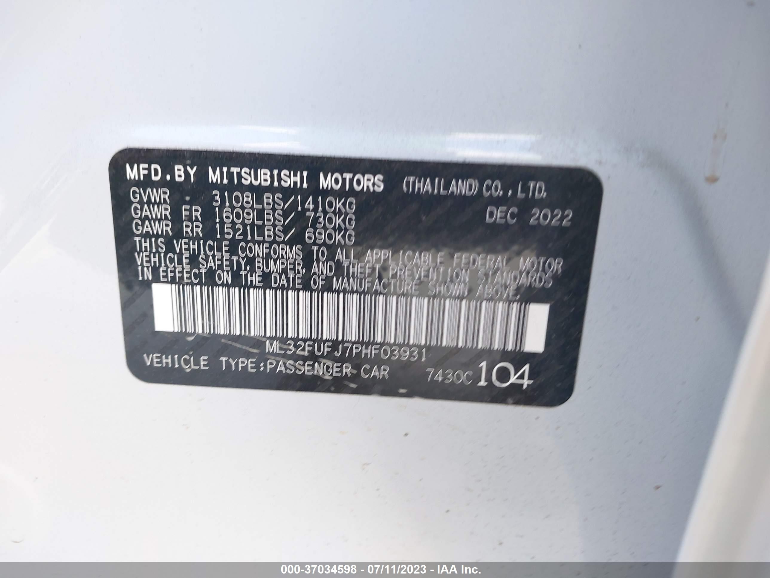 Photo 8 VIN: ML32FUFJ7PHF03931 - MITSUBISHI MIRAGE 