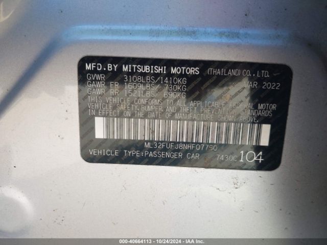 Photo 8 VIN: ML32FUFJ8NHF07760 - MITSUBISHI MIRAGE G4 