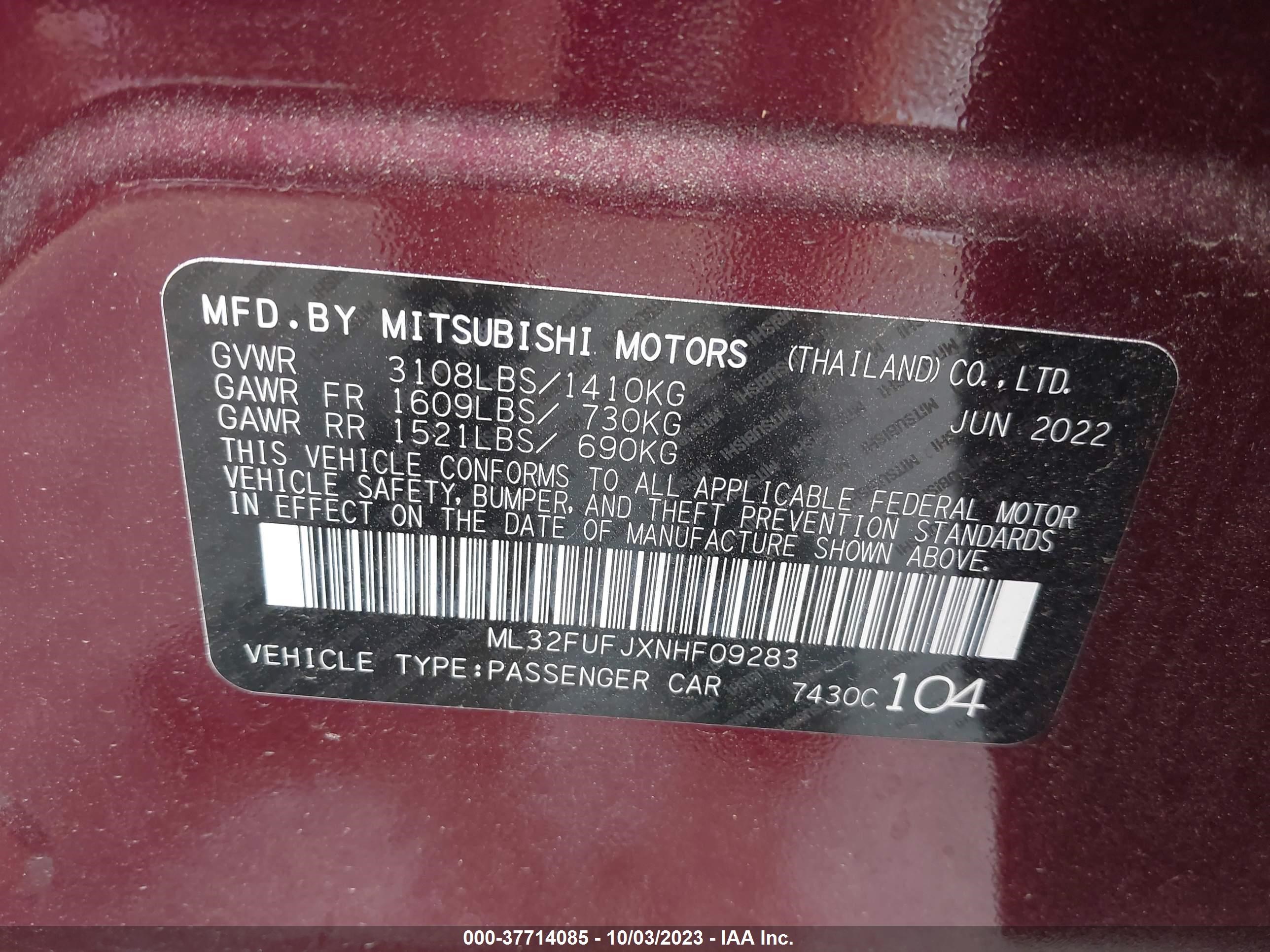 Photo 8 VIN: ML32FUFJXNHF09283 - MITSUBISHI MIRAGE 