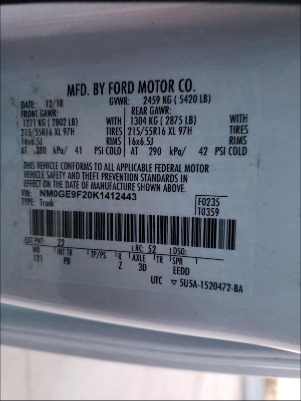 Photo 9 VIN: NM0GE9F20K1412443 - FORD TRANSIT CO 