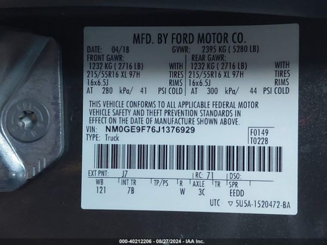 Photo 8 VIN: NM0GE9F76J1376929 - FORD TRANSIT CONNECT 