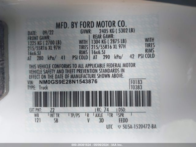 Photo 8 VIN: NM0GS9E28N1543876 - FORD TRANSIT CONNECT 