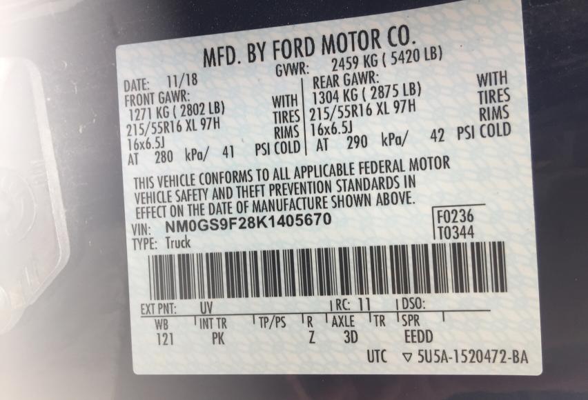 Photo 9 VIN: NM0GS9F28K1405670 - FORD TRANSIT CO 