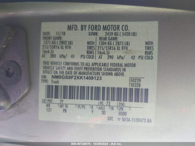 Photo 8 VIN: NM0GS9F2XK1409123 - FORD TRANSIT CONNECT 