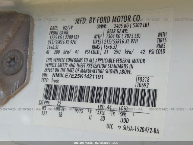 Photo 8 VIN: NM0LE7E25K1421191 - FORD TRANSIT CONNECT VAN 