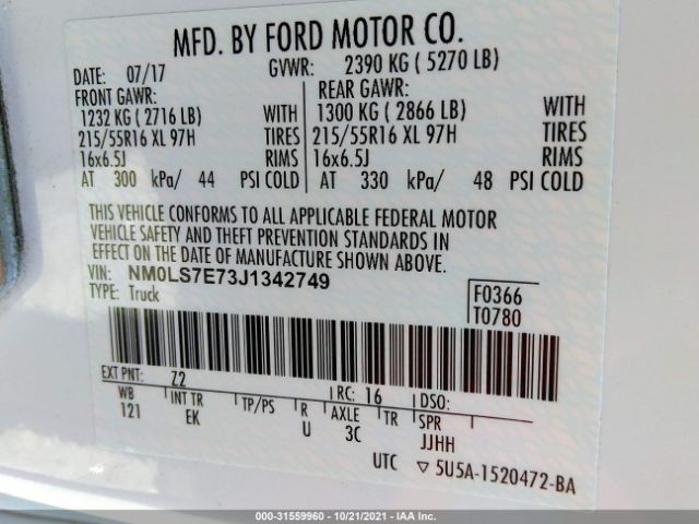 Photo 8 VIN: NM0LS7E73J1342749 - FORD TRANSIT CONNECT VAN 