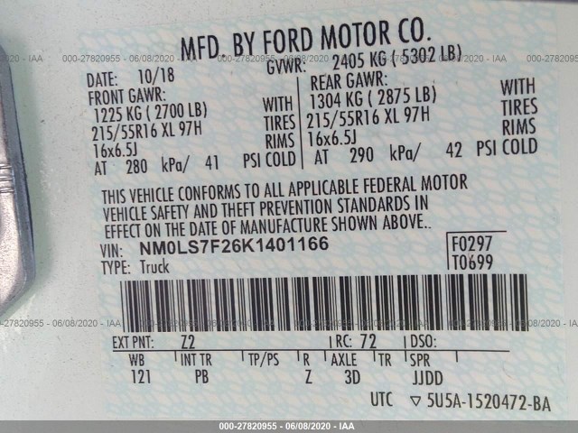 Photo 8 VIN: NM0LS7F26K1401166 - FORD TRANSIT CONNECT VAN 