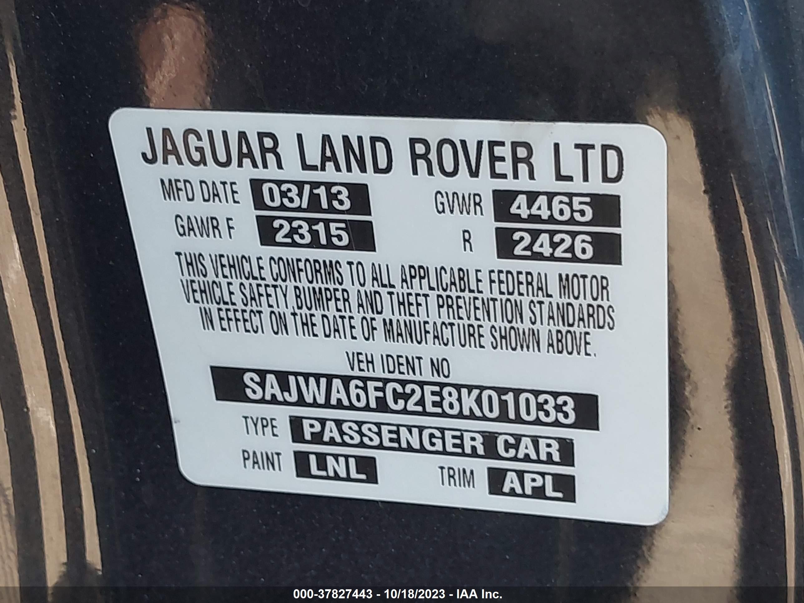 Photo 8 VIN: SAJWA6FC2E8K01033 - JAGUAR F-TYPE 