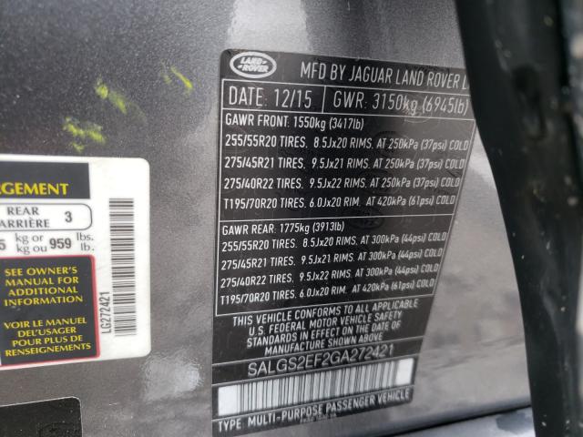 Photo 9 VIN: SALGS2EF2GA272421 - LAND ROVER RANGE ROVE 