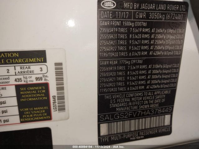 Photo 8 VIN: SALGS2FV7HA378449 - LAND ROVER RANGE ROVER 