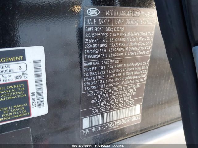 Photo 8 VIN: SALGS2KF8GA310786 - LAND ROVER RANGE ROVER 