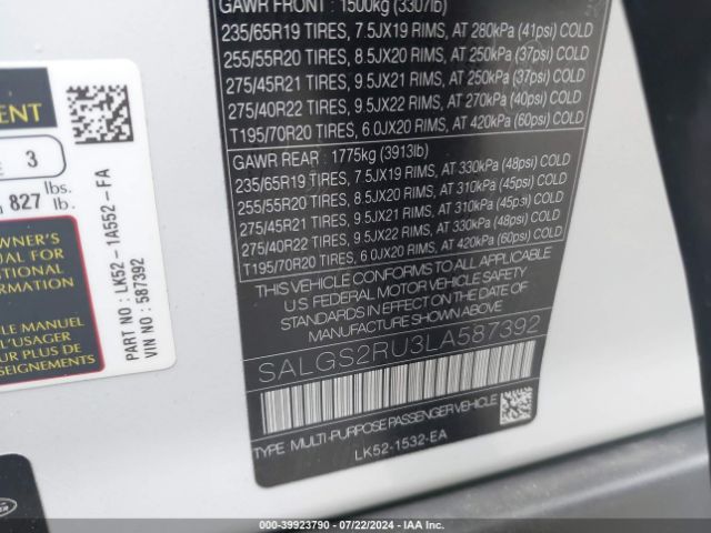 Photo 8 VIN: SALGS2RU3LA587392 - LAND-ROVER RANGE ROVER 