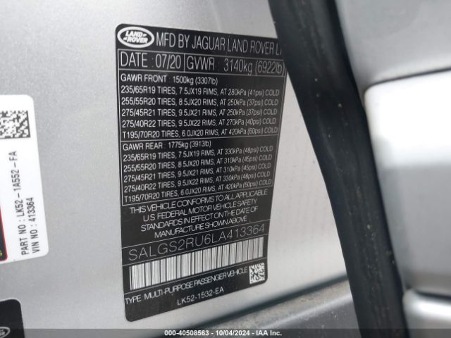 Photo 8 VIN: SALGS2RU6LA413364 - LAND ROVER RANGE ROVER 