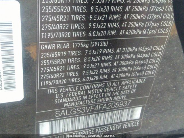 Photo 8 VIN: SALGS3VF4FA205937 - LAND ROVER RANGE ROVER 