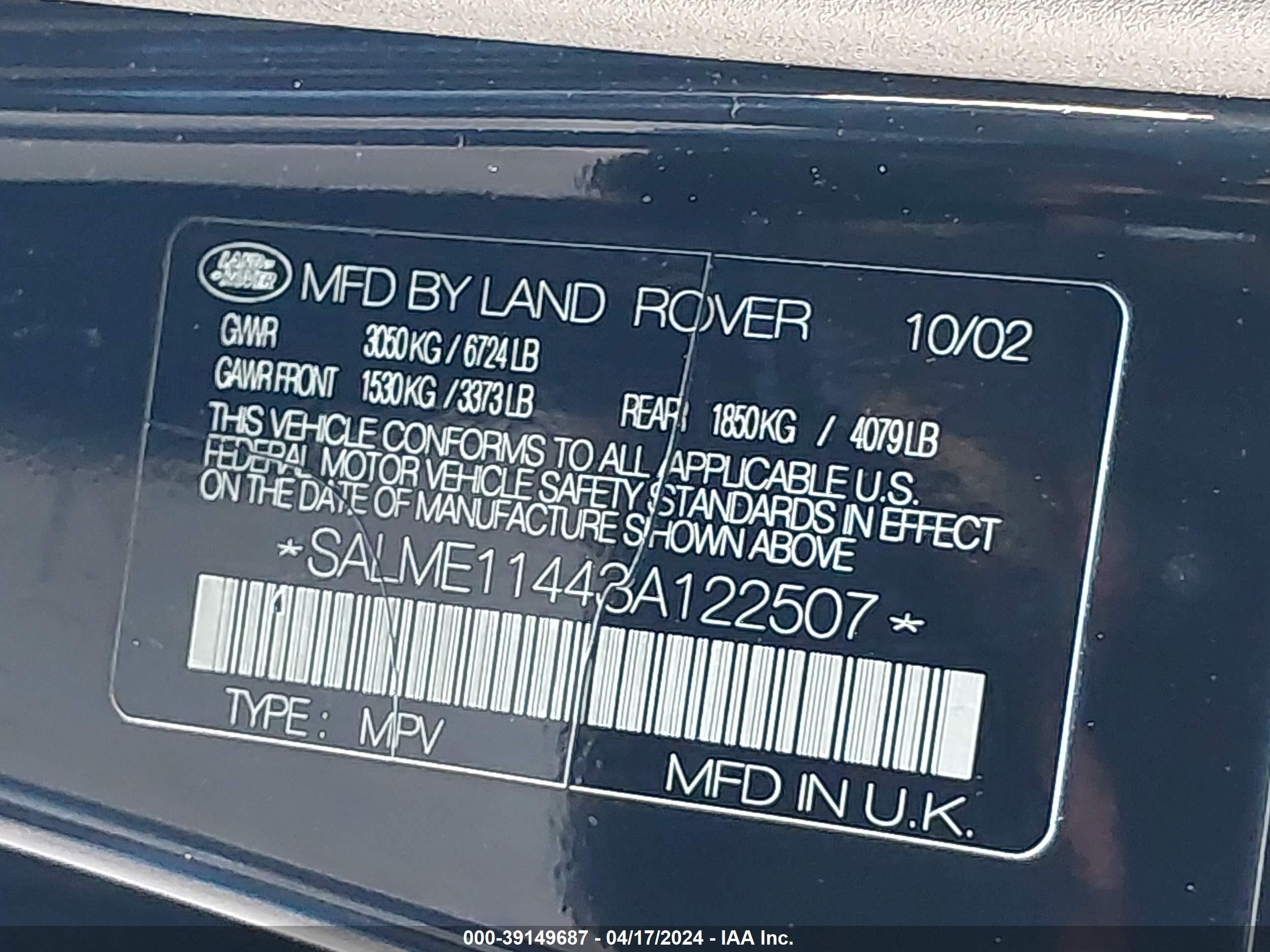 Photo 8 VIN: SALME11443A122507 - LAND ROVER RANGE ROVER 