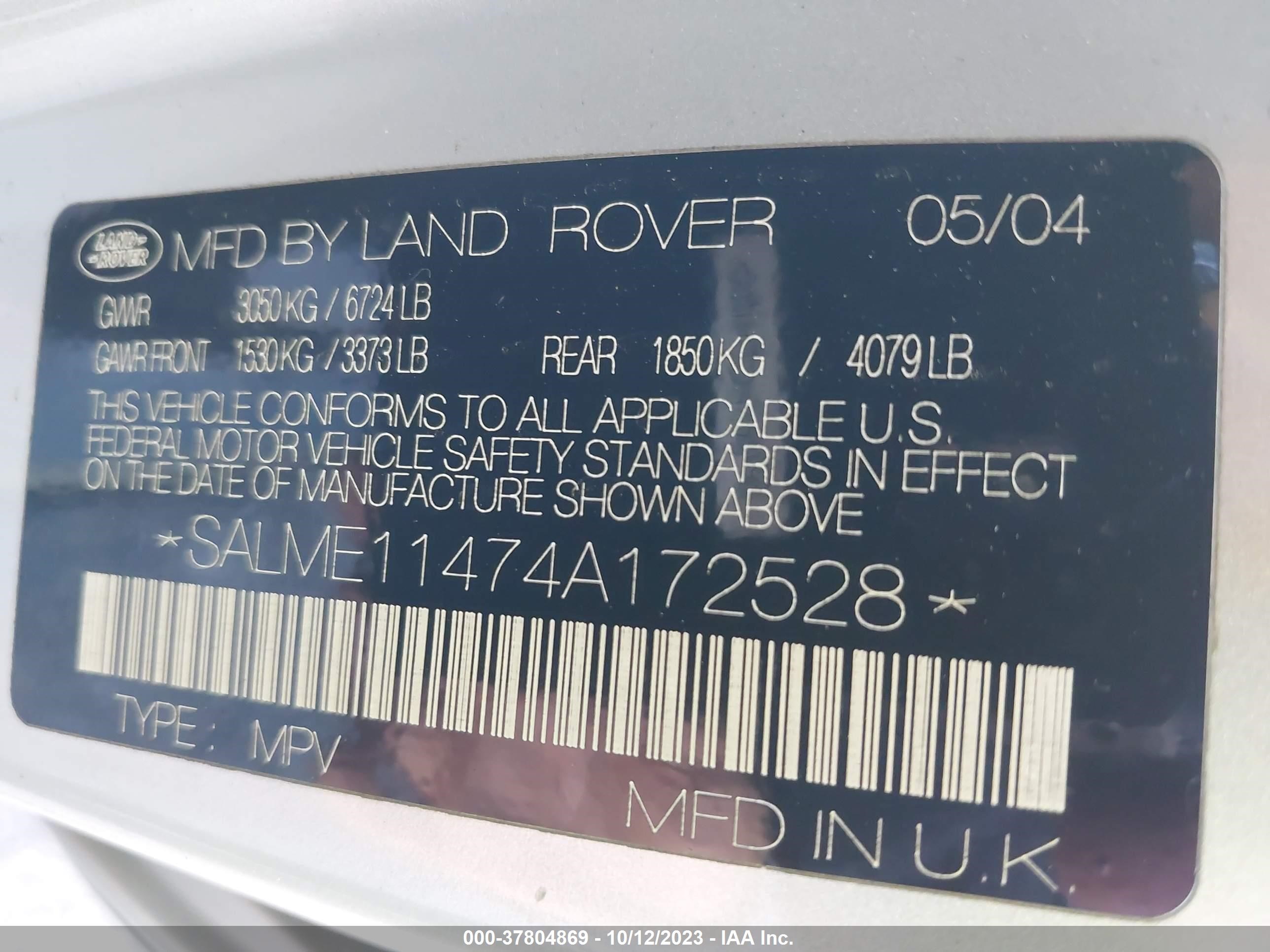 Photo 8 VIN: SALME11474A172528 - LAND ROVER RANGE ROVER 