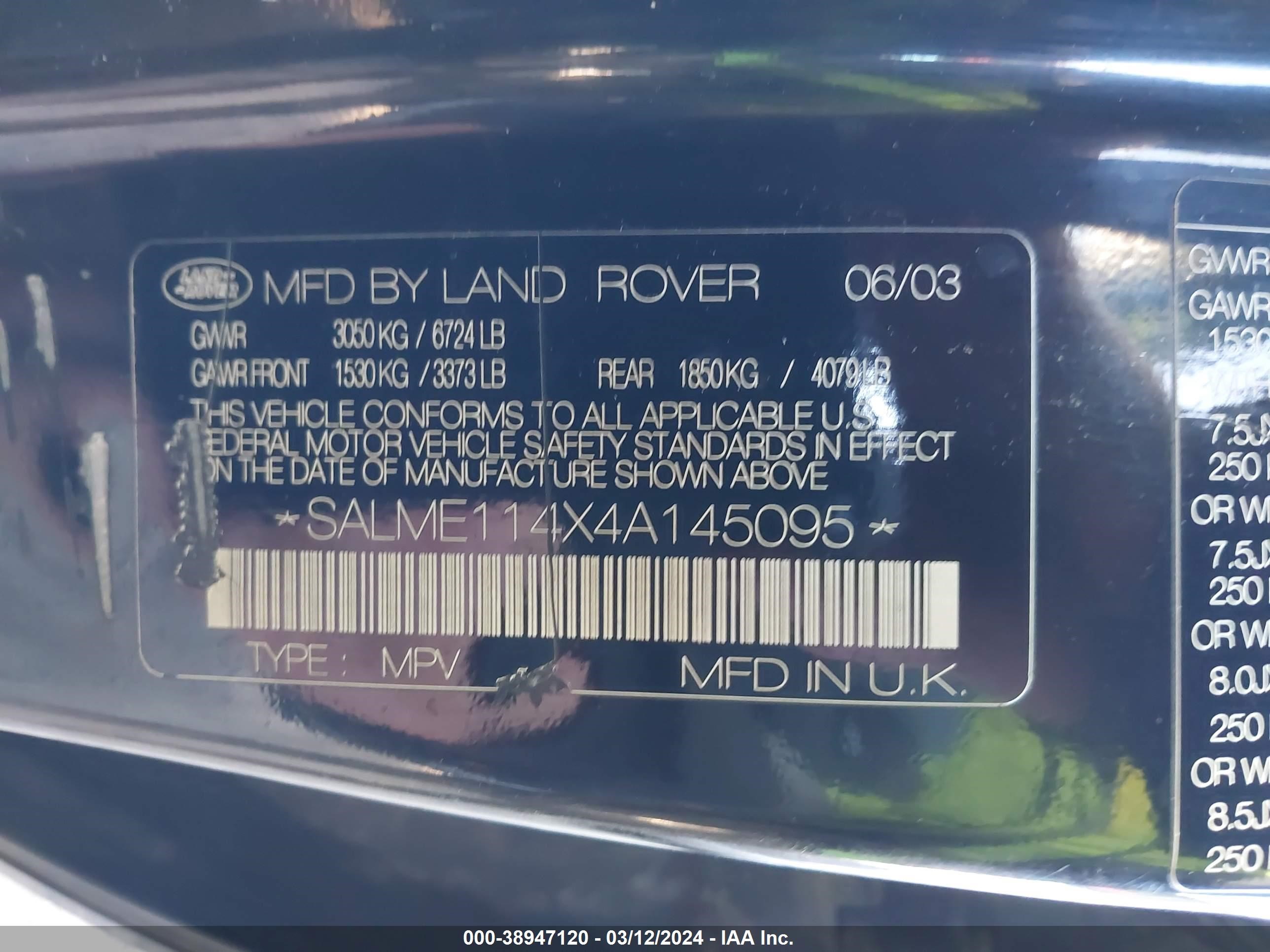 Photo 8 VIN: SALME114X4A145095 - LAND ROVER RANGE ROVER 