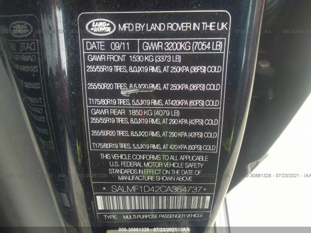 Photo 8 VIN: SALMF1D42CA364737 - LAND ROVER RANGE ROVER 