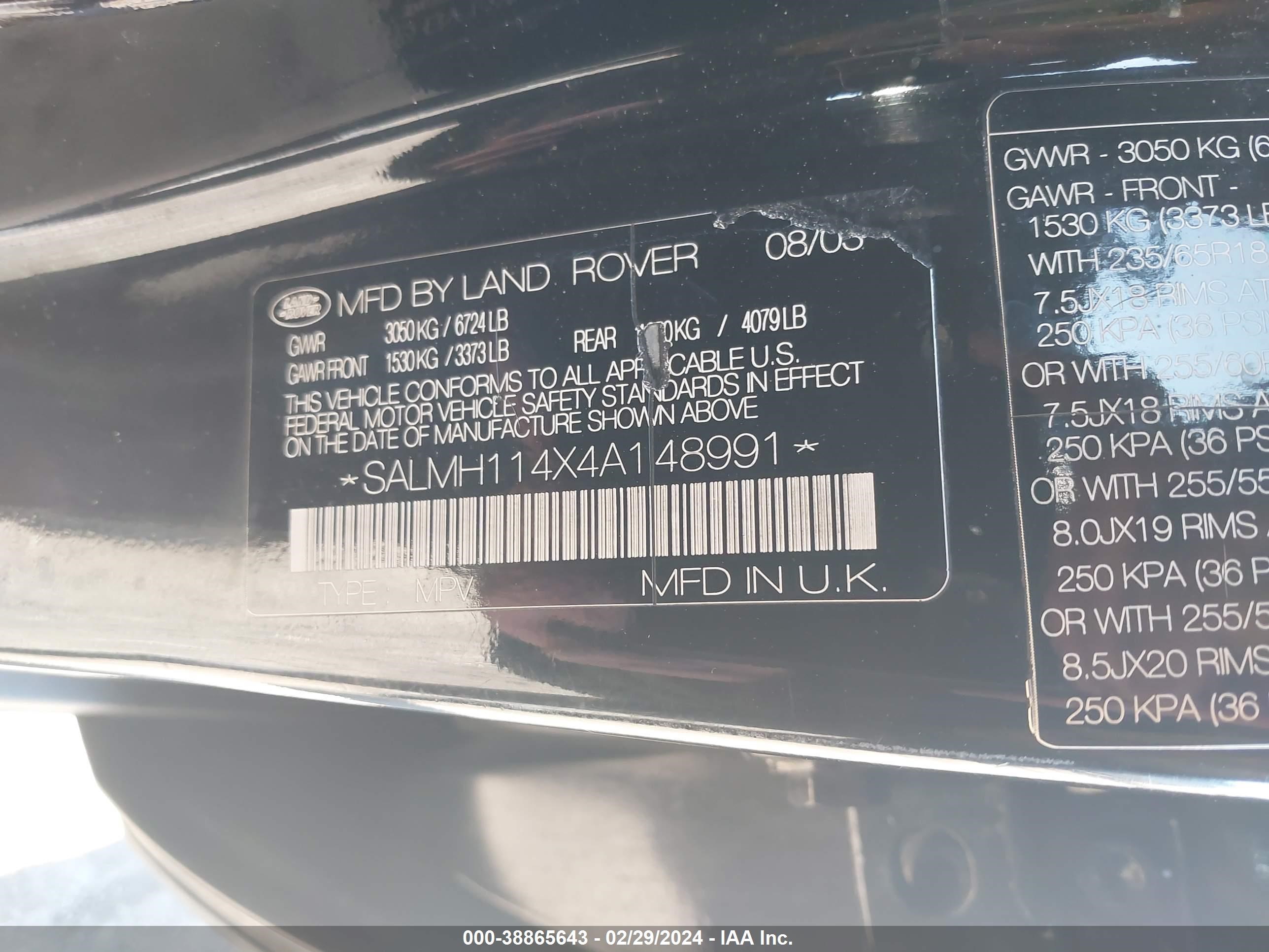 Photo 8 VIN: SALMH114X4A148991 - LAND ROVER RANGE ROVER 