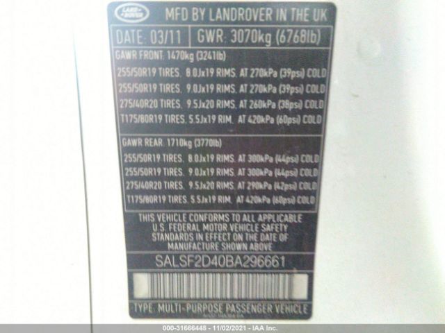 Photo 8 VIN: SALSF2D40BA296661 - LAND ROVER RANGE ROVER SPORT 