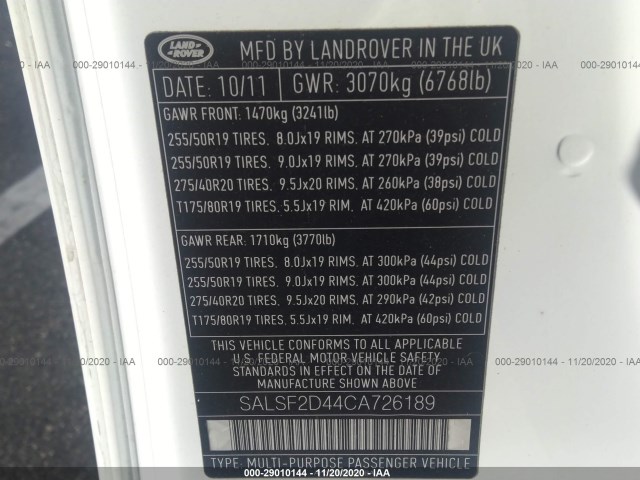 Photo 8 VIN: SALSF2D44CA726189 - LAND ROVER RANGE ROVER SPORT 