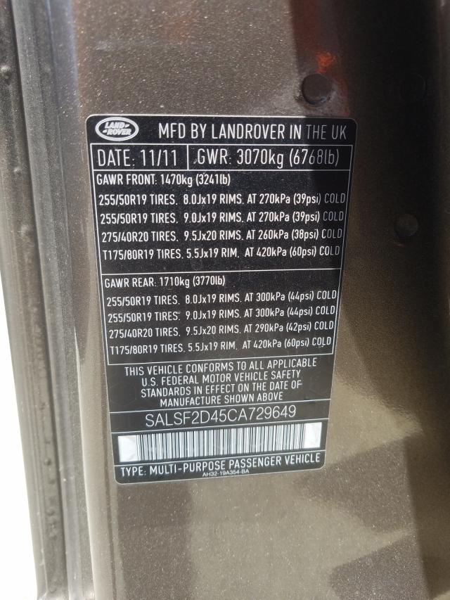 Photo 9 VIN: SALSF2D45CA729649 - LAND ROVER RANGE ROVE 