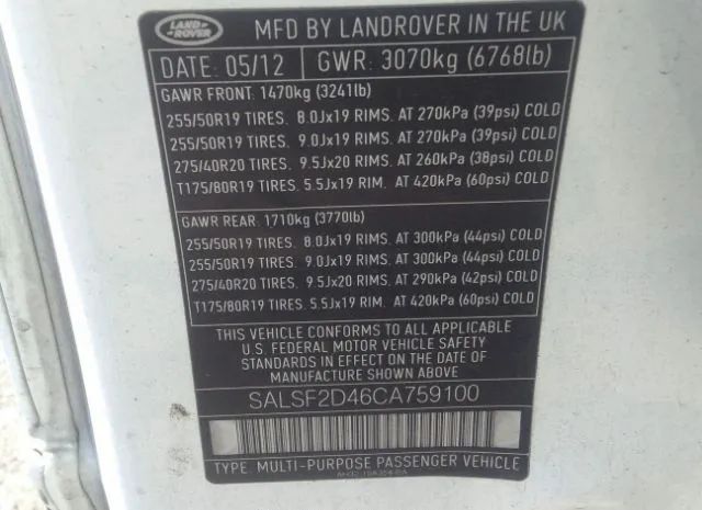 Photo 8 VIN: SALSF2D46CA759100 - LAND ROVER RANGE ROVER SPORT 