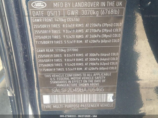 Photo 8 VIN: SALSF2D49BA705465 - LAND ROVER RANGE ROVER SPORT 