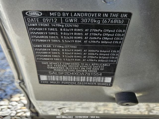 Photo 8 VIN: SALSF2D4XDA781554 - LAND ROVER RANGE ROVER SPORT 