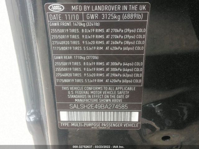 Photo 8 VIN: SALSH2E49BA274585 - LAND ROVER RANGE ROVER SPORT 