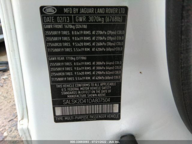 Photo 8 VIN: SALSK2D41DA807504 - LAND ROVER RANGE ROVER SPORT 