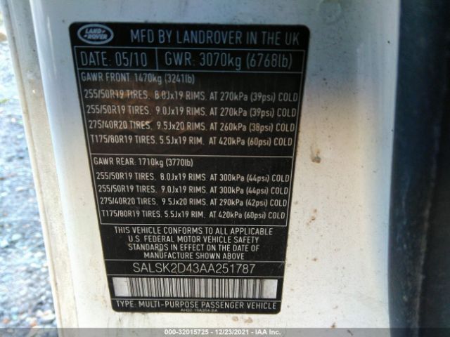 Photo 8 VIN: SALSK2D43AA251787 - LAND ROVER RANGE ROVER SPORT 