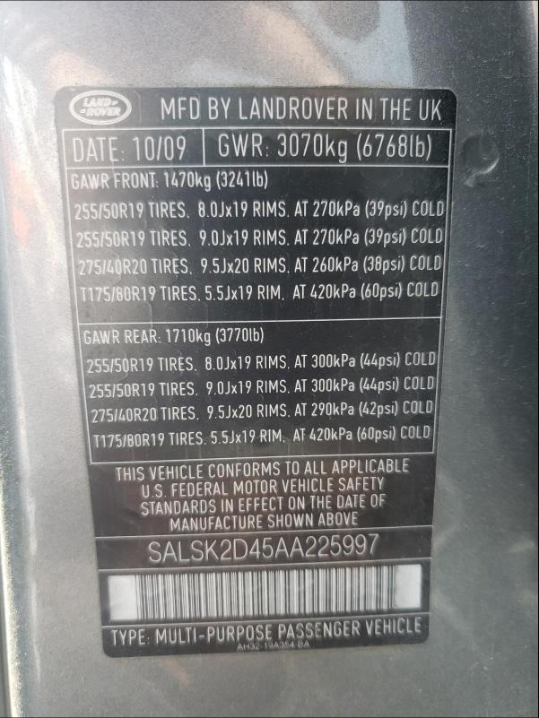 Photo 9 VIN: SALSK2D45AA225997 - LAND ROVER RANGE ROVE 