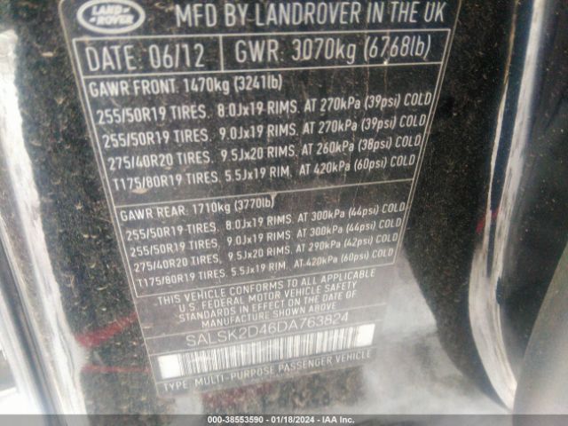 Photo 8 VIN: SALSK2D46DA763824 - LAND ROVER RANGE ROVER SPORT 