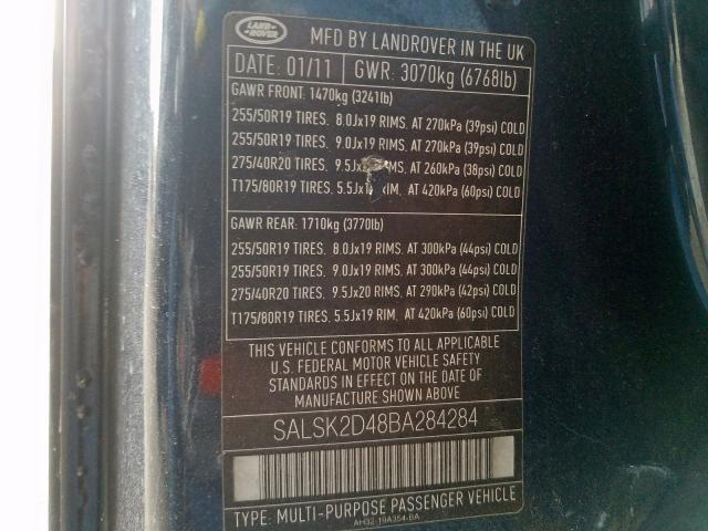 Photo 9 VIN: SALSK2D48BA284284 - LAND ROVER RANGE ROVE 