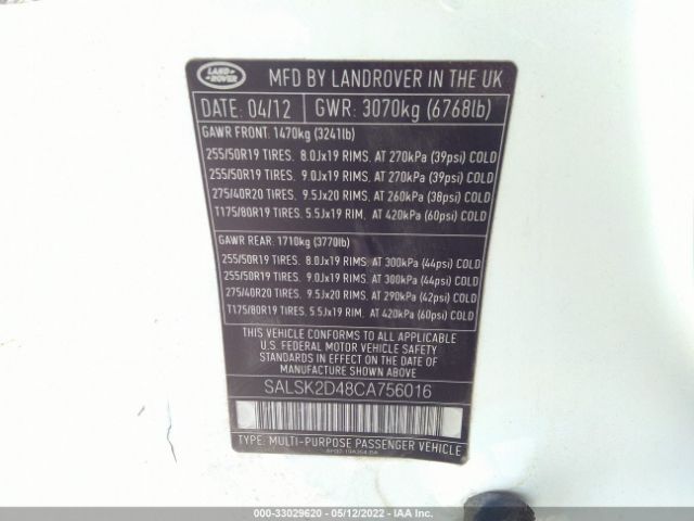 Photo 8 VIN: SALSK2D48CA756016 - LAND ROVER RANGE ROVER SPORT 